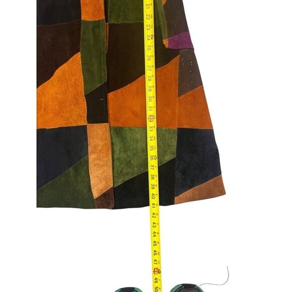 Vintage 70's Leather Suede Patchwork Hippie Boho Snap Button Long Jacket Coat 12 - Picture 14 of 16